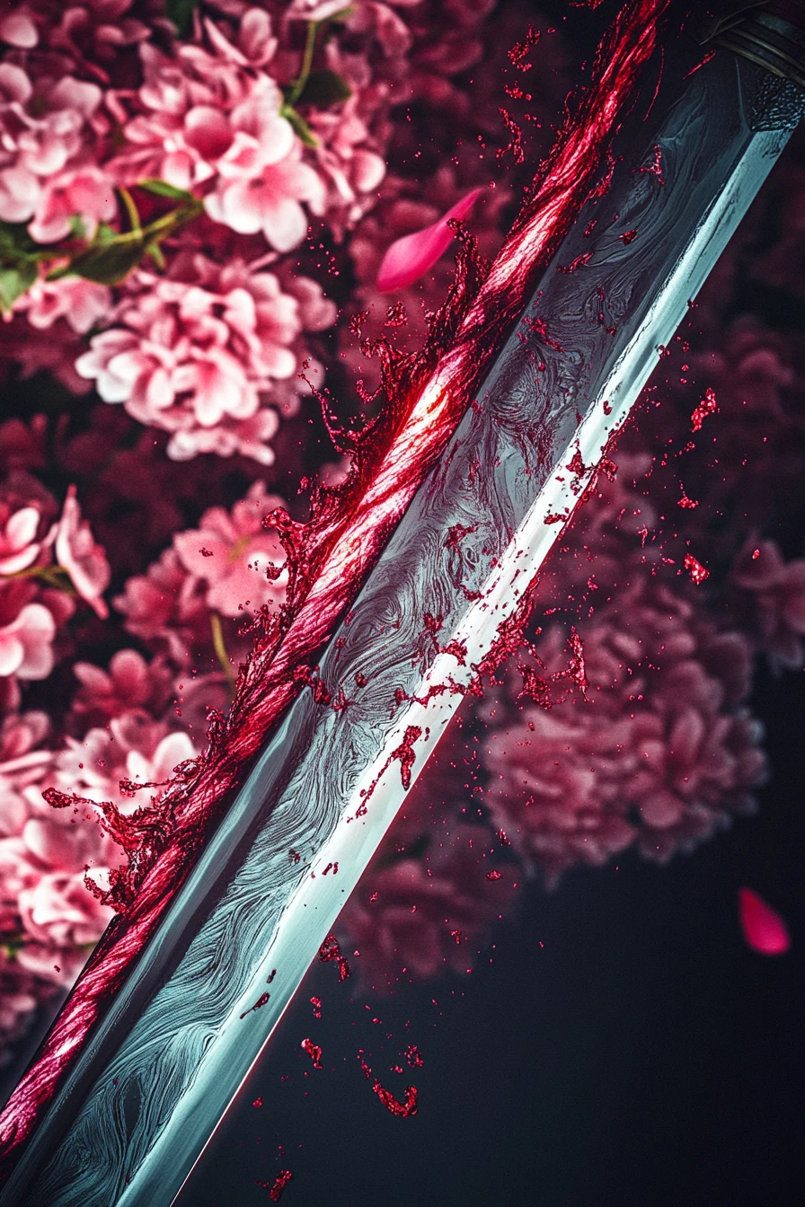 Forged sword with fire-scarred folds and floral backdrop