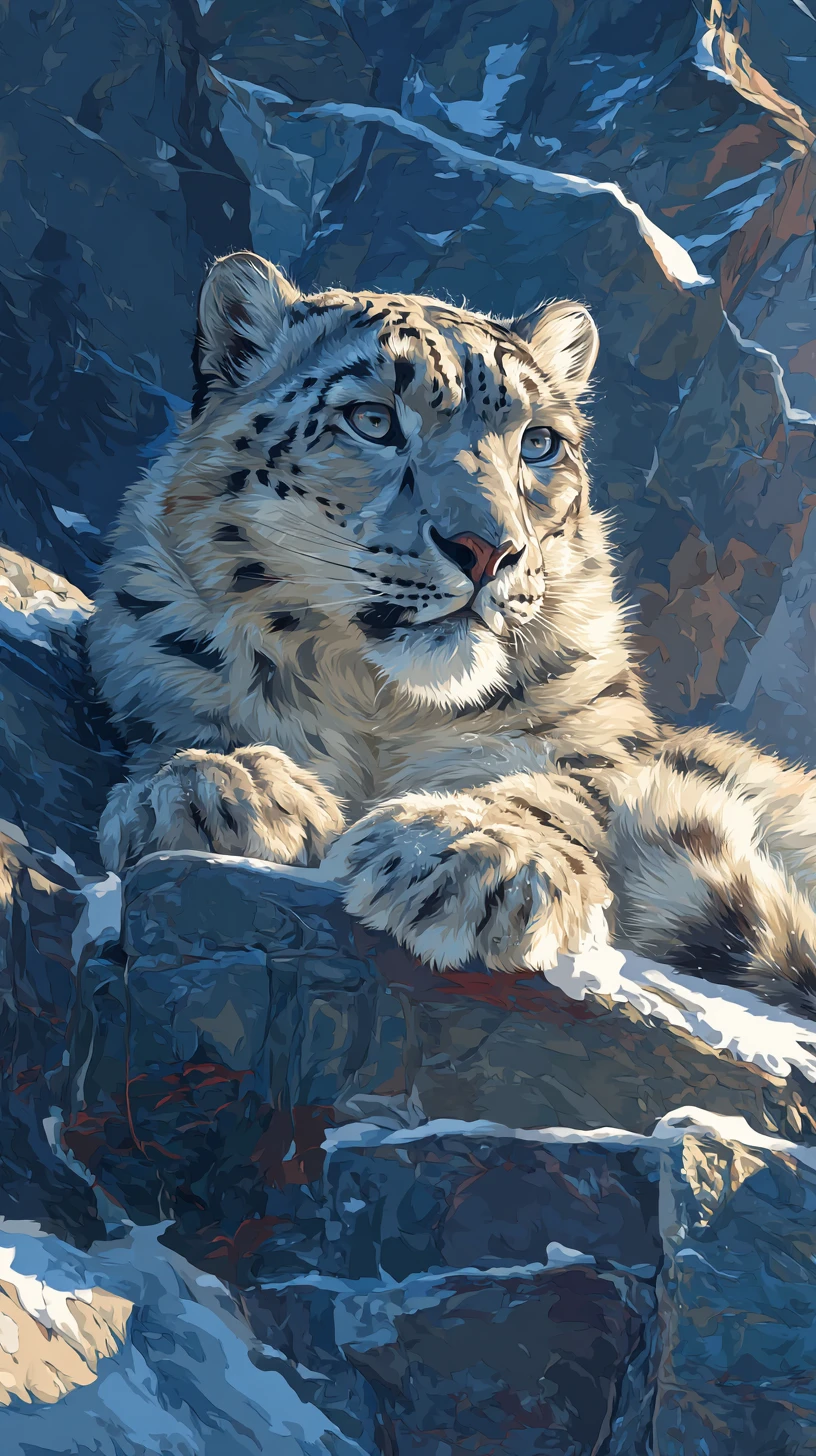 Snow leopard waiting in a rocky snow covered mountain scene