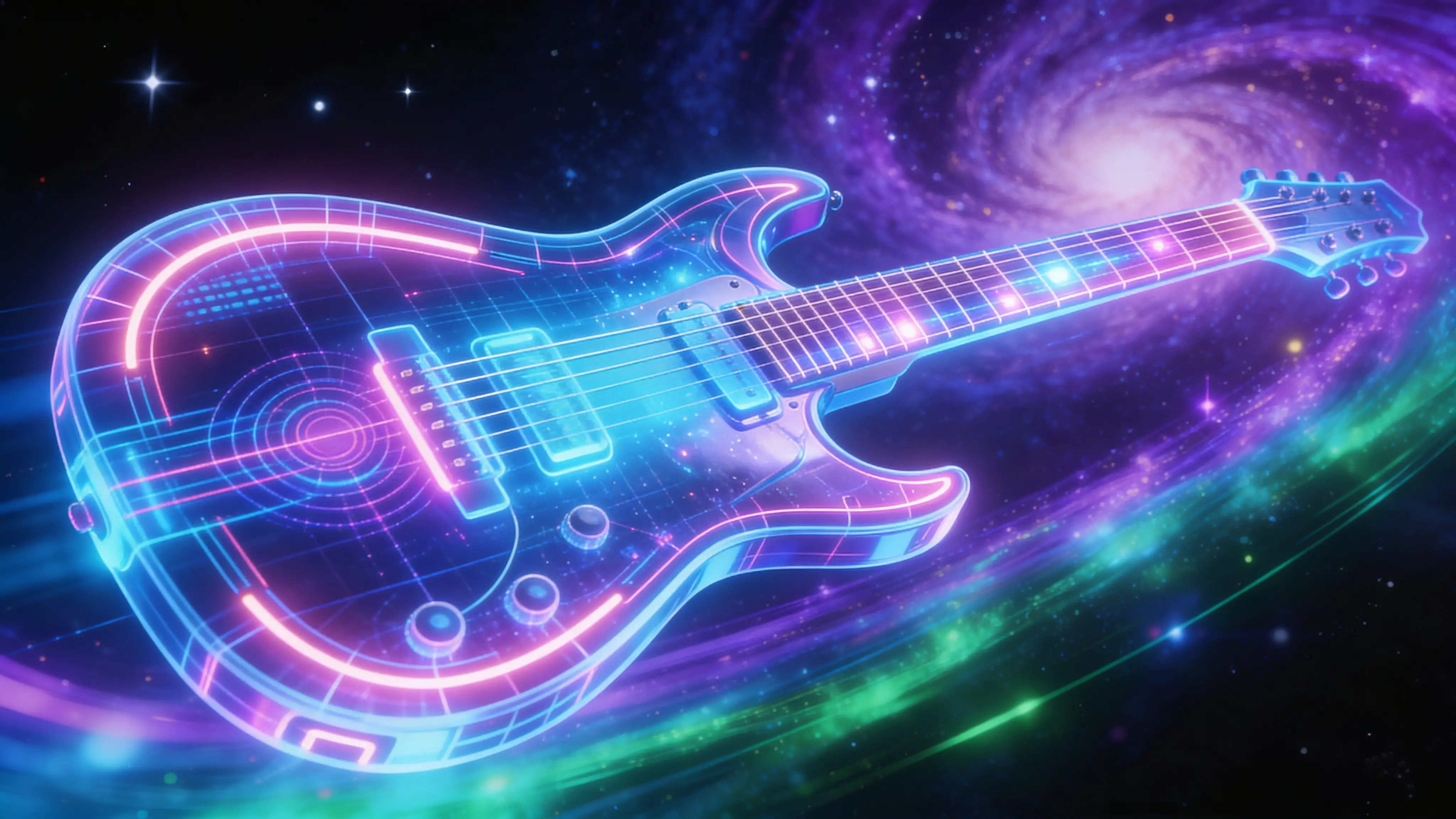 Futuristic Neon Guitar Floating In Deep Outer Space