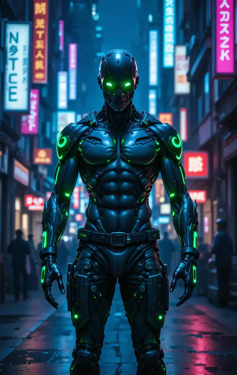 Combattente cyborg in una strada al neon di città cyberpunk