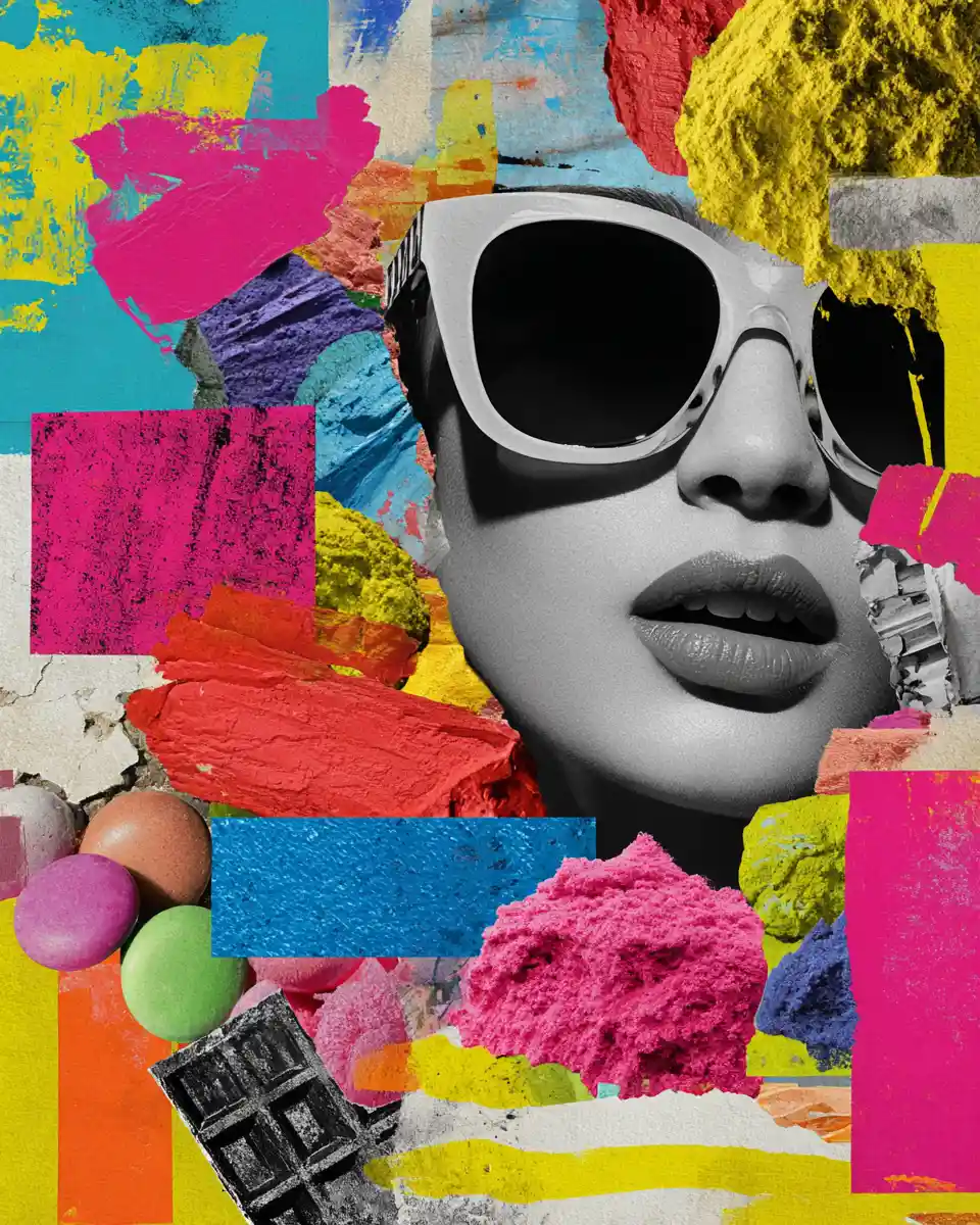 Chaotic collage of vibrant colors and playful textures