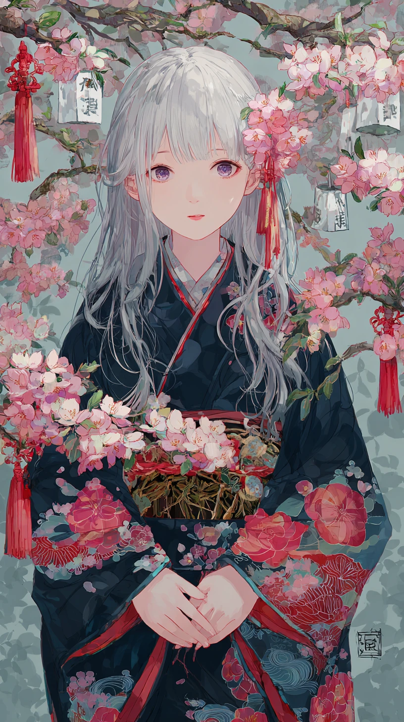 Silver haired anime girl in kimono under cherry blossoms