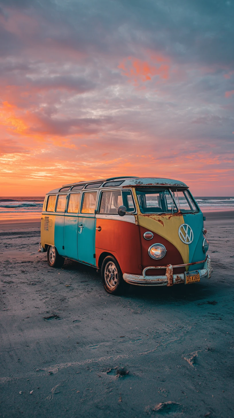 Bunter Vintage-Van am Strand bei Sonnenuntergang geparkt