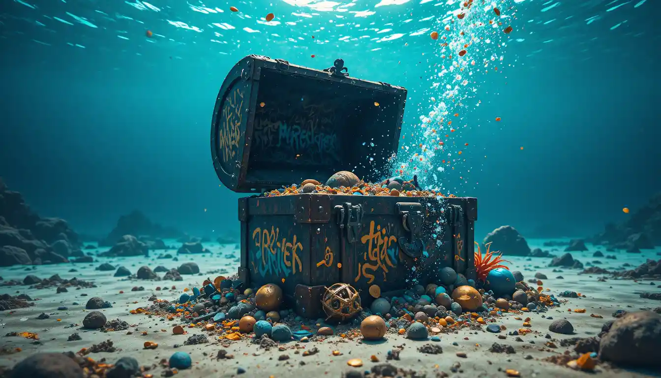 Geöffnete Schatztruhe auf sandigem Meeresboden unter Wasser