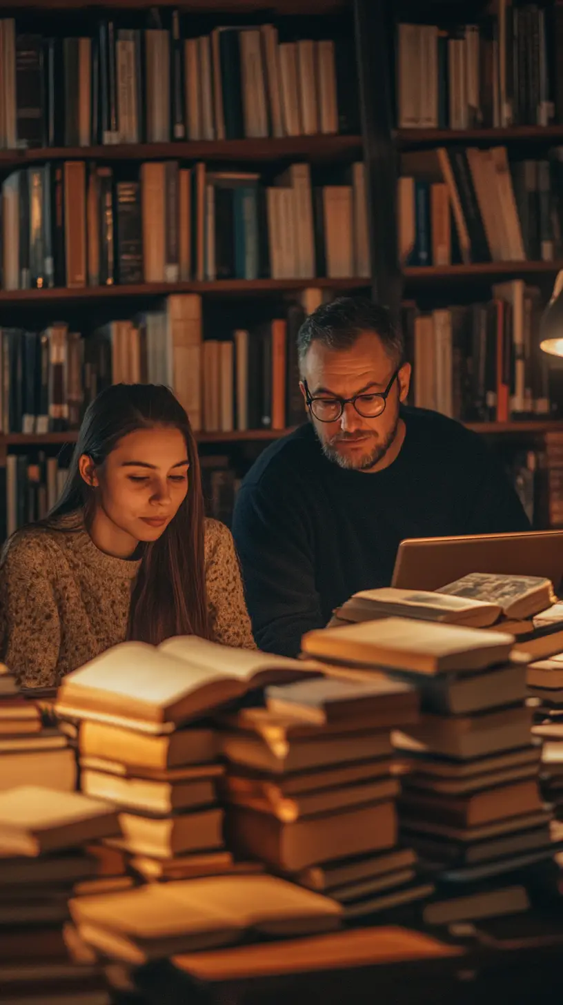 Student and teacher studying together in a warm library