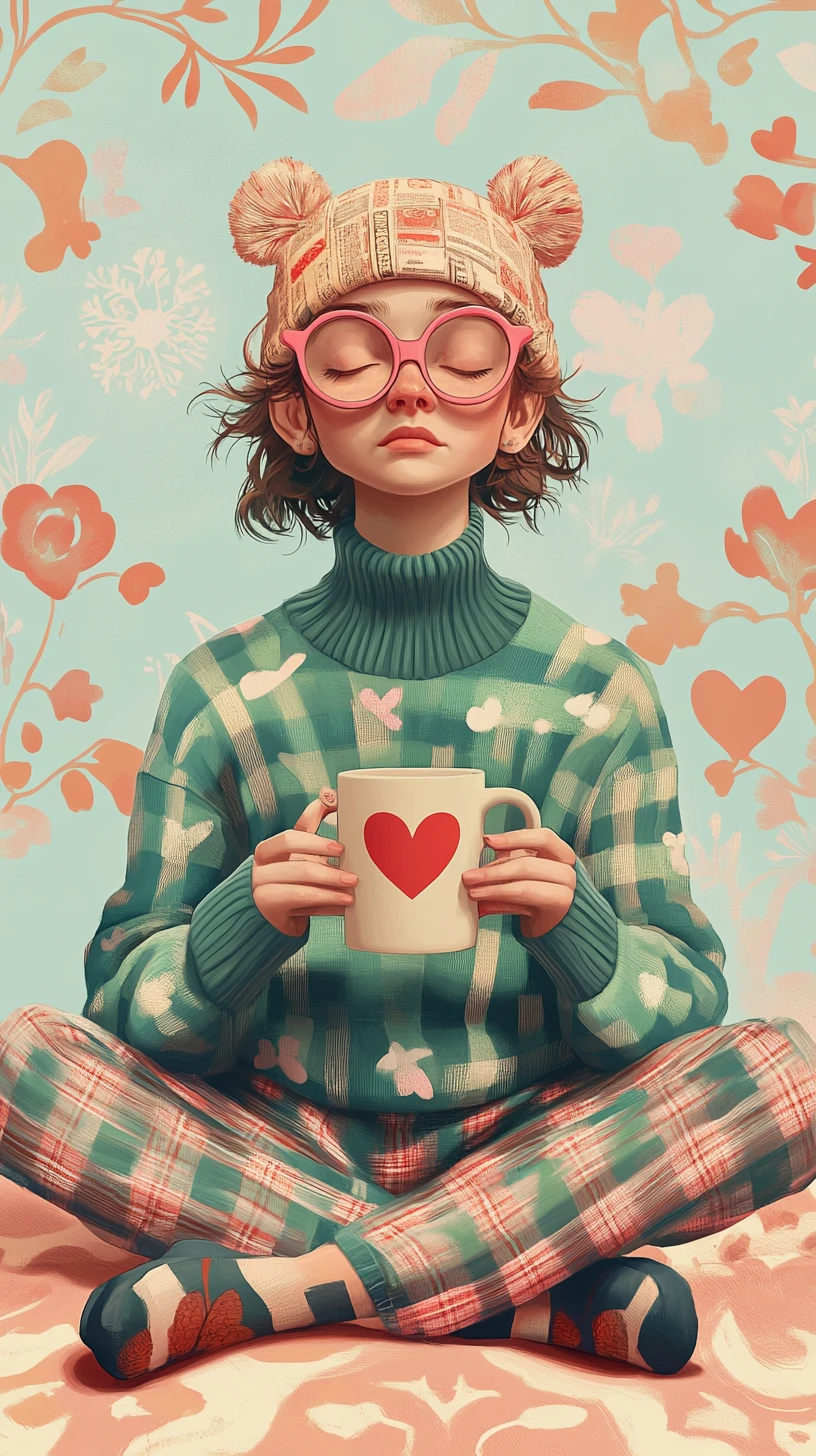 Donna in posa accogliente con maglione a cuore e tazza – illustrazione