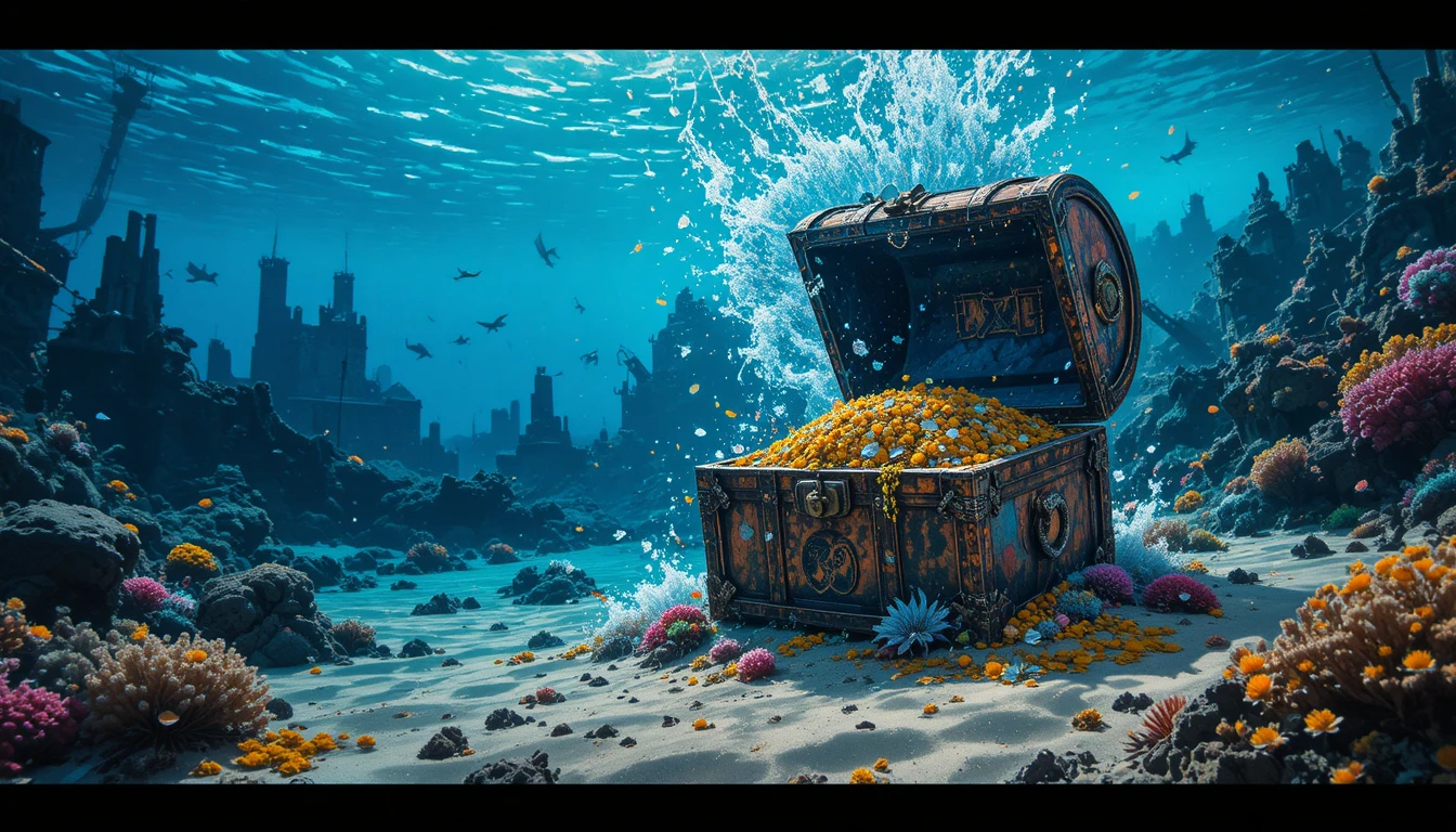 Underwater treasure chest resting open on a sandy seabed