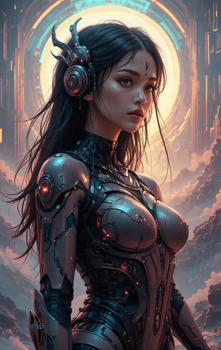 Donna cyborg futuristica in un vortice digitale neon surreale