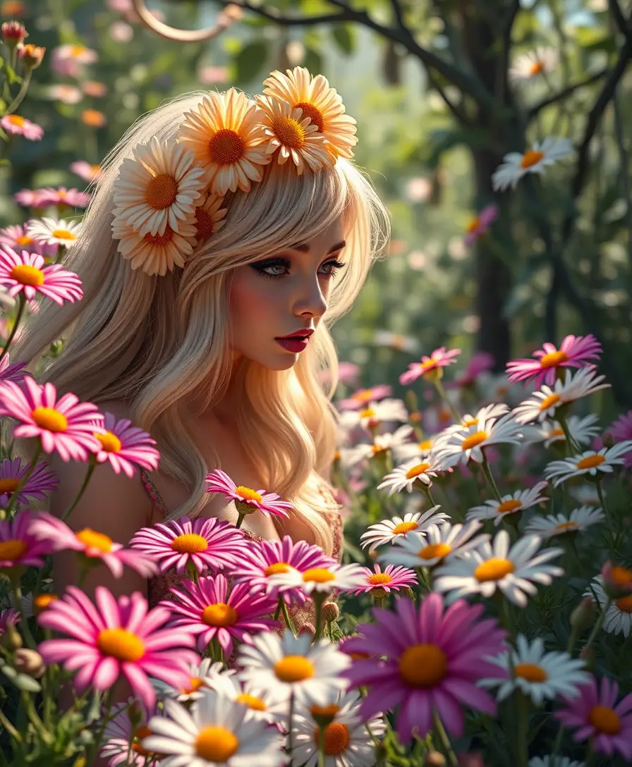 Whimsical popsurreal garden of daisies in cool shade