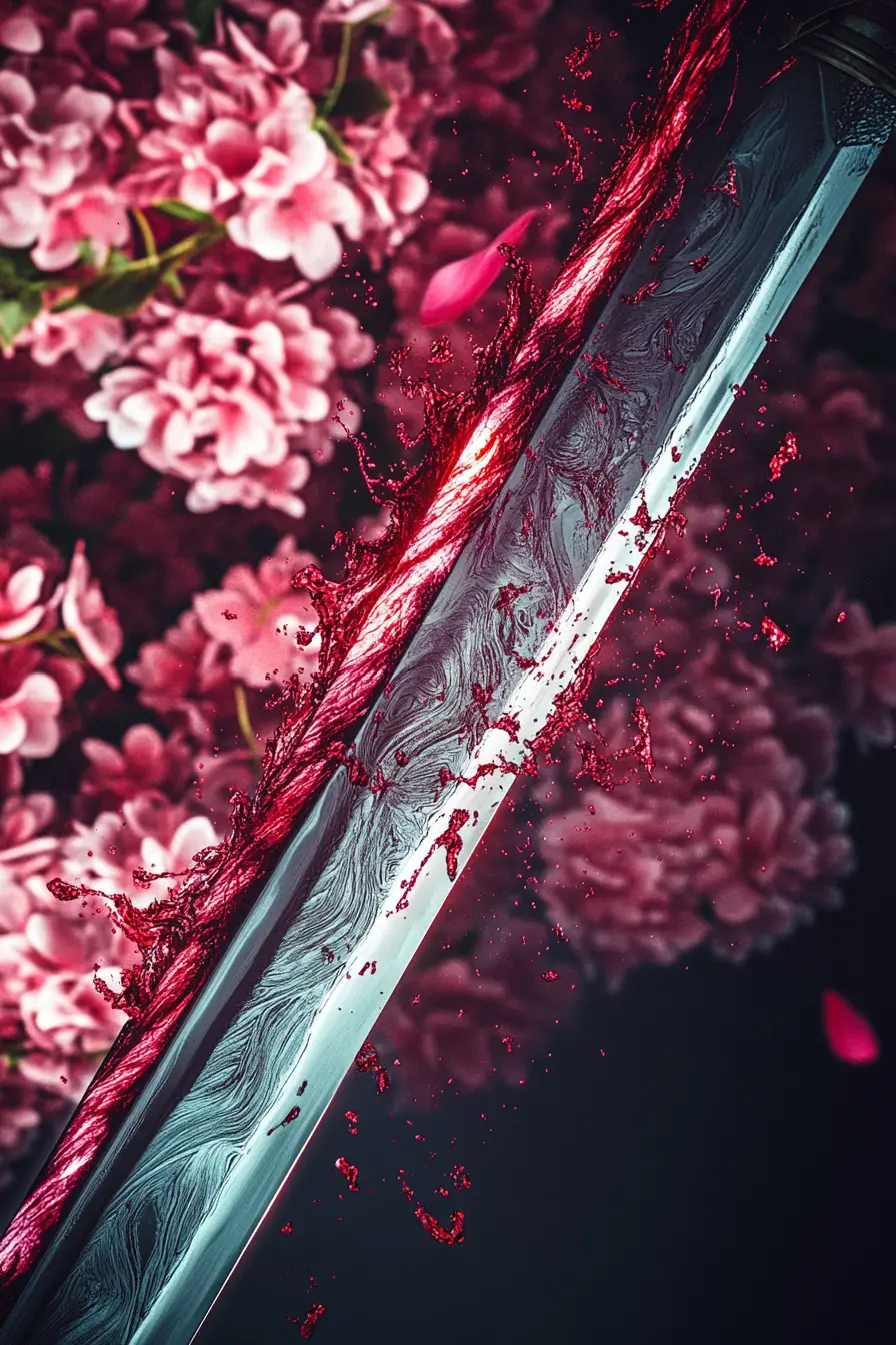 Forged sword with fire-scarred folds and floral backdrop