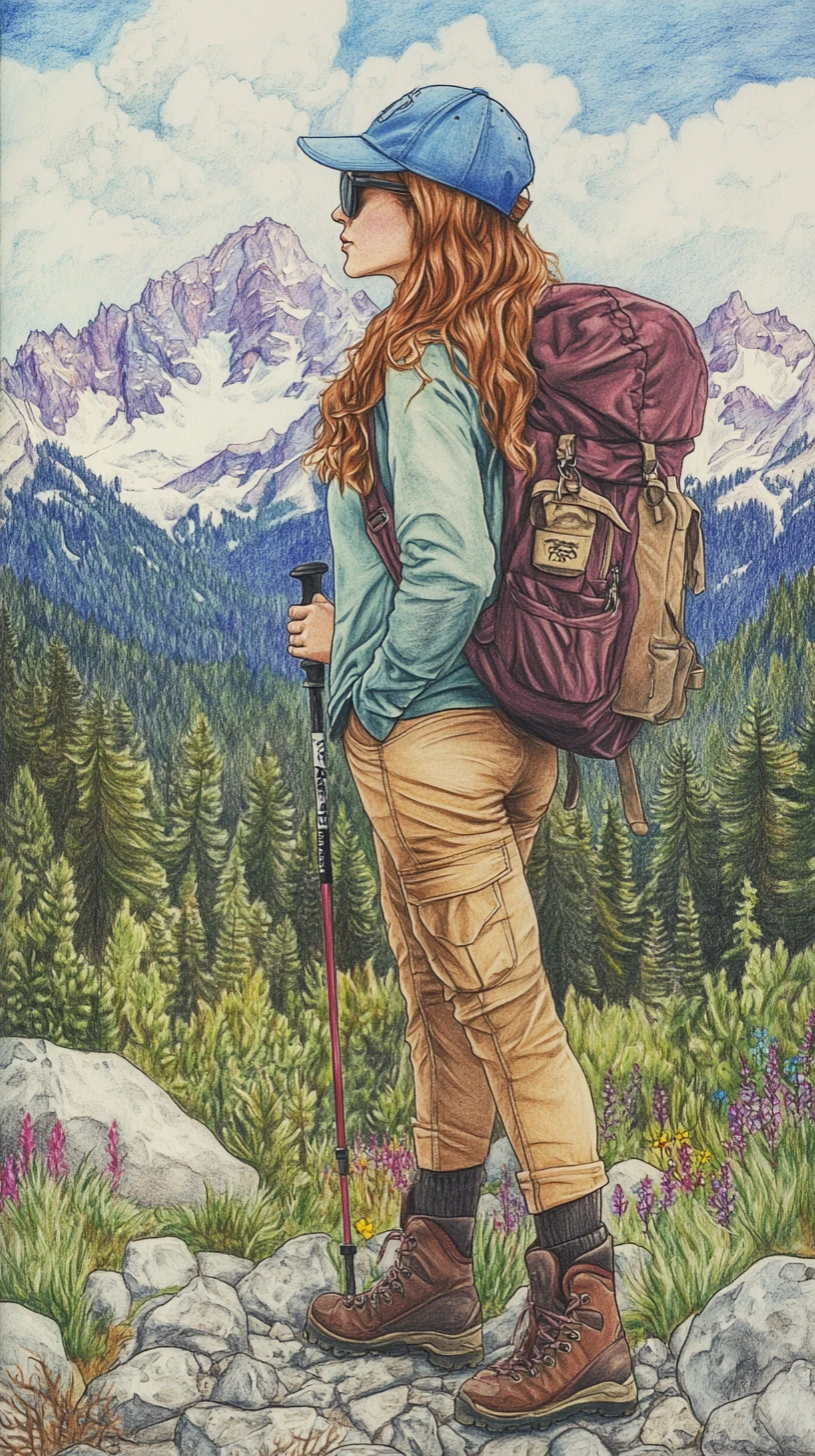Junge Wanderin im Profil vor fernen Berggipfeln