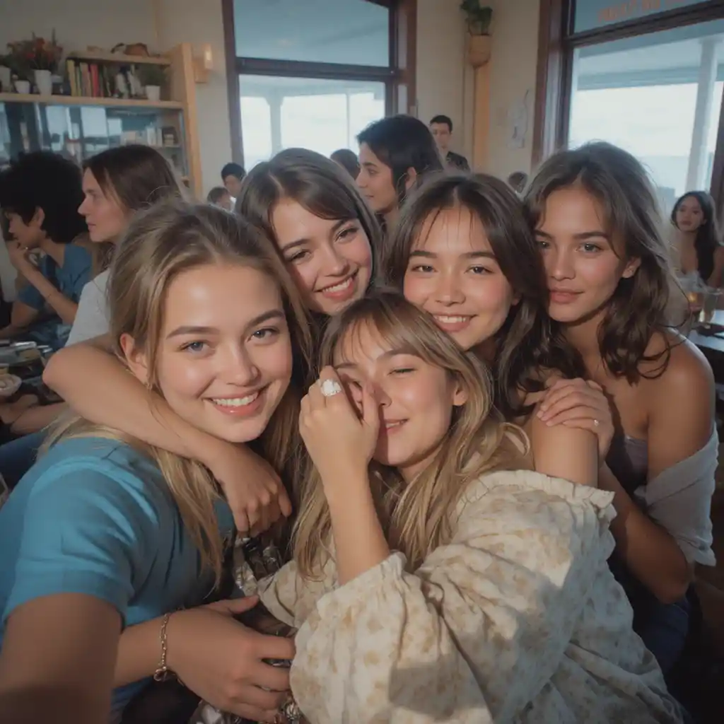 Friends hugging laughing and taking selfies at a reunion