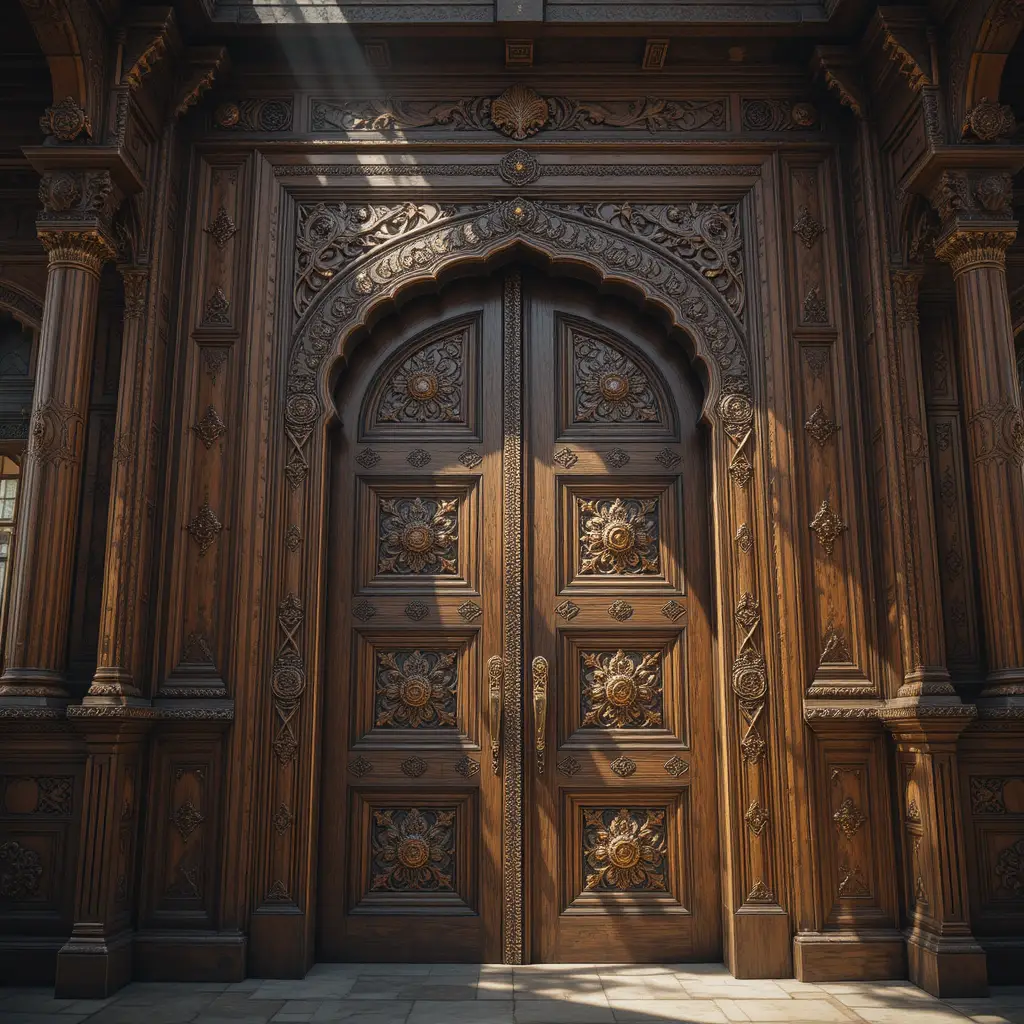 Majestuosa puerta de madera antigua con tallas florales ornamentadas