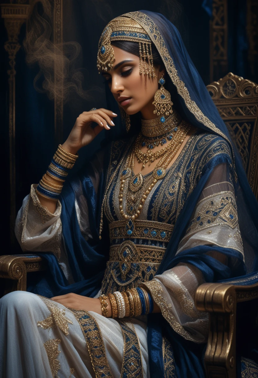 Elegant Arab woman in ornate chair with ceremonial veil