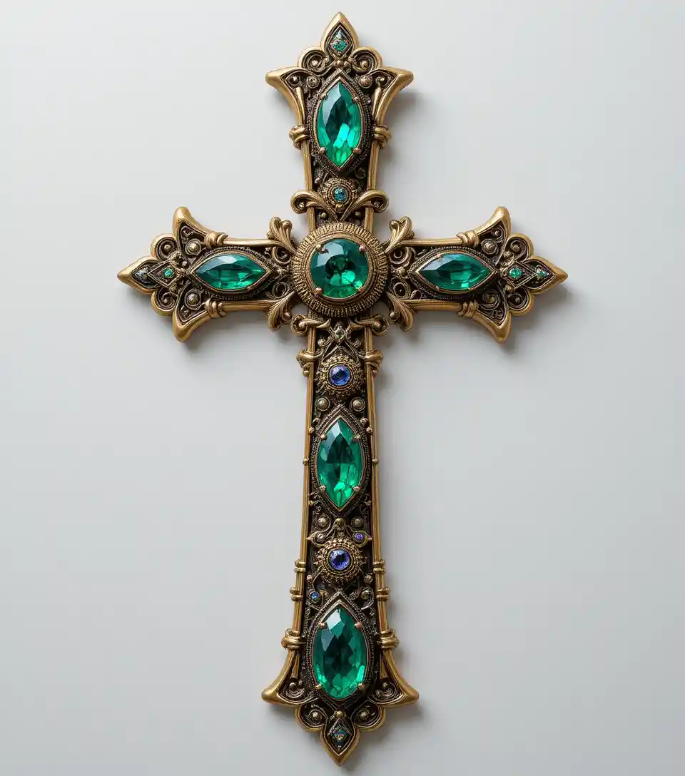 Close up gold cross pendant with green emerald gemstones