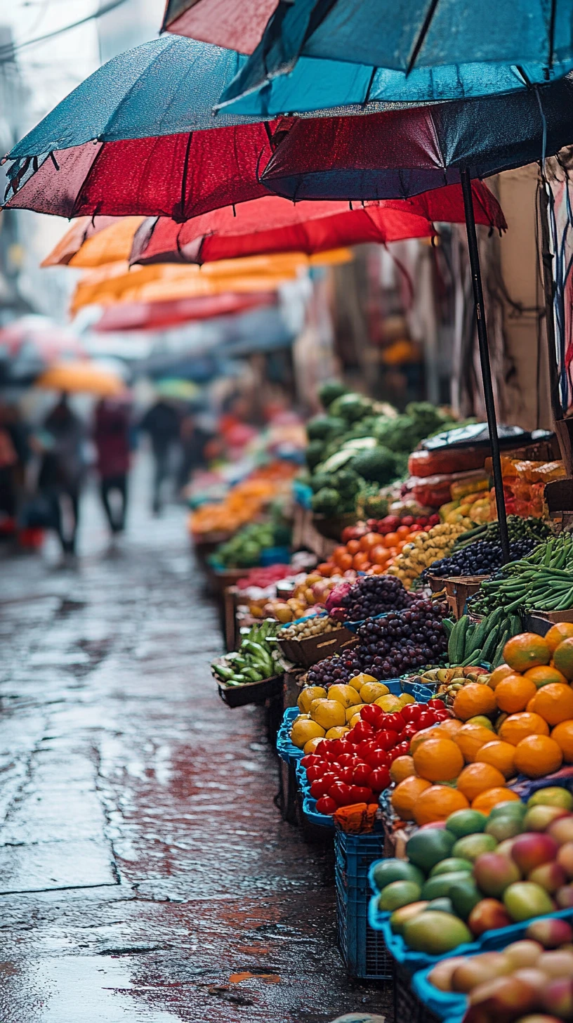 Busy morning street market with colorful produce stalls