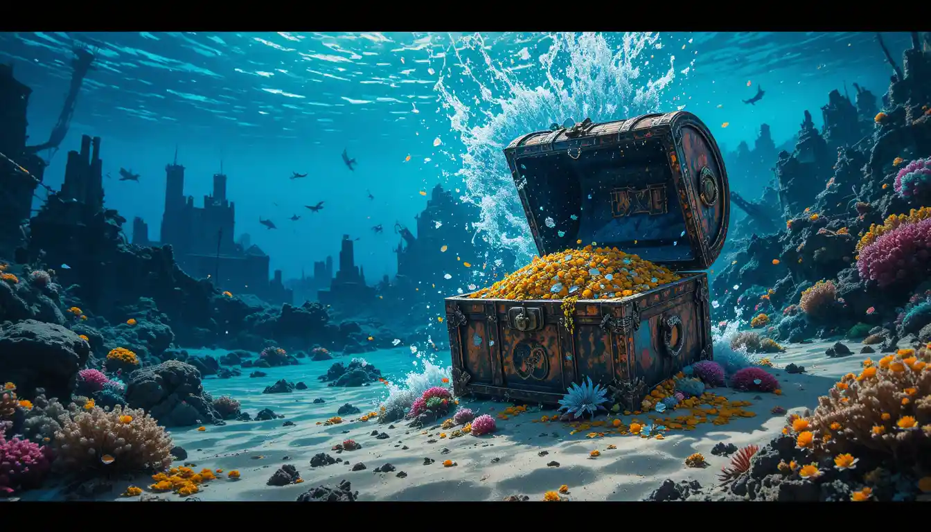 Underwater treasure chest resting open on a sandy seabed