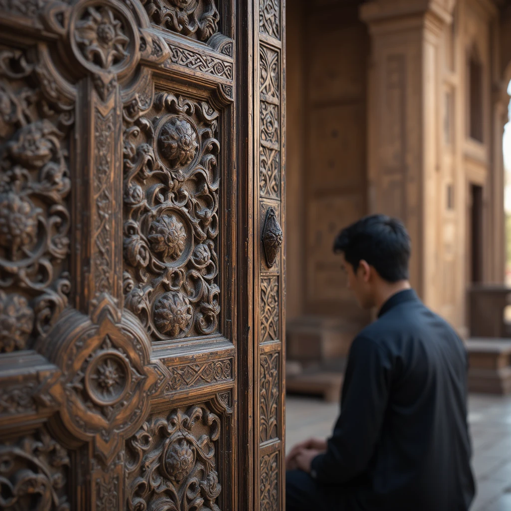 Macro view of intricate Mughal wood carvings on antique door