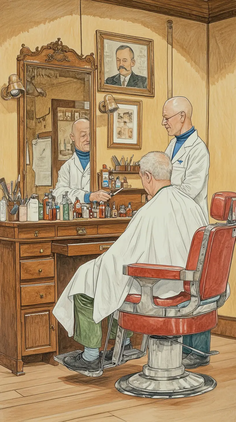 Bald barber cutting an older mans hair in vintage barbershop