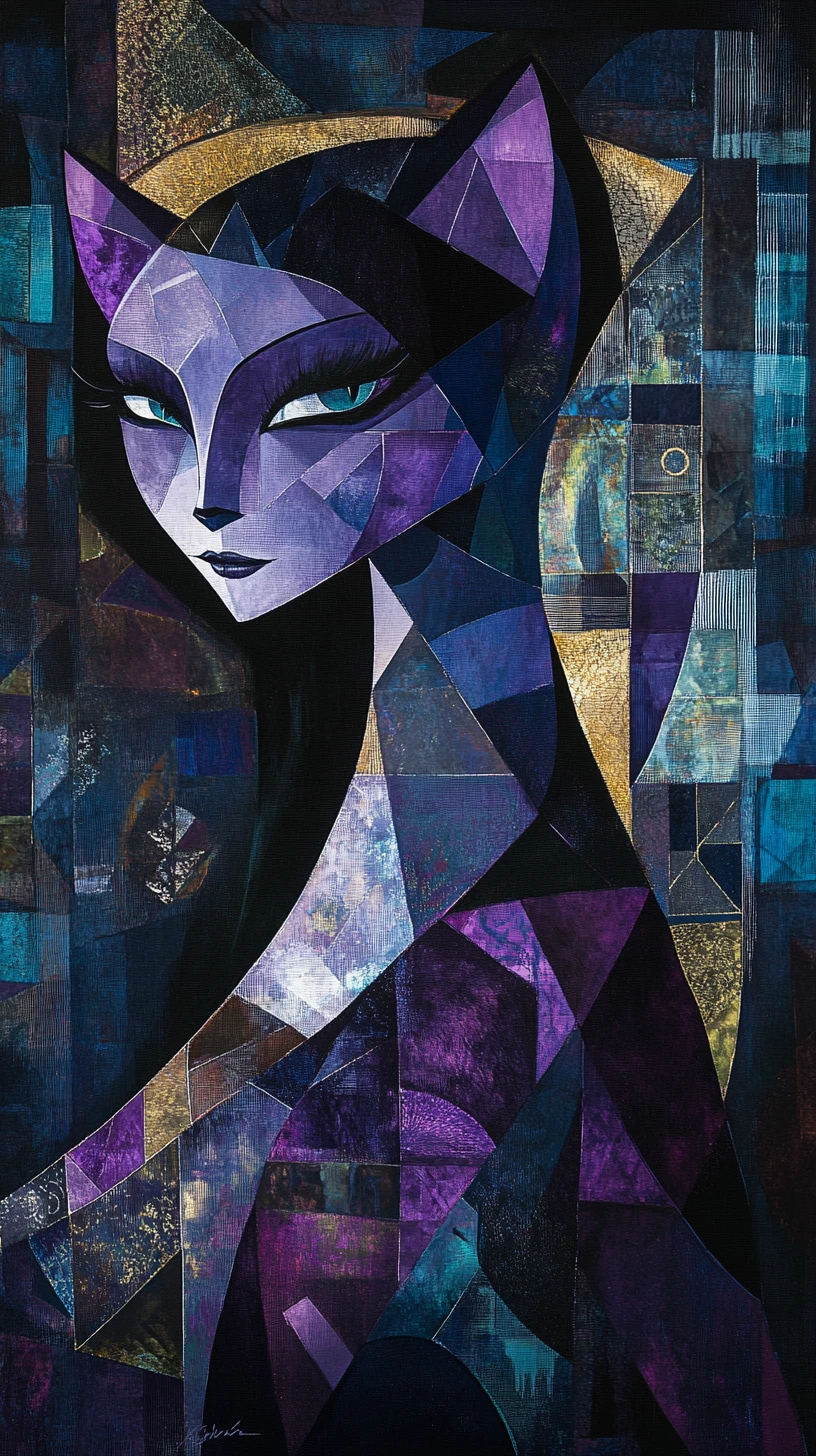 Abstract cubist woman entwined with a sleek cat in gold