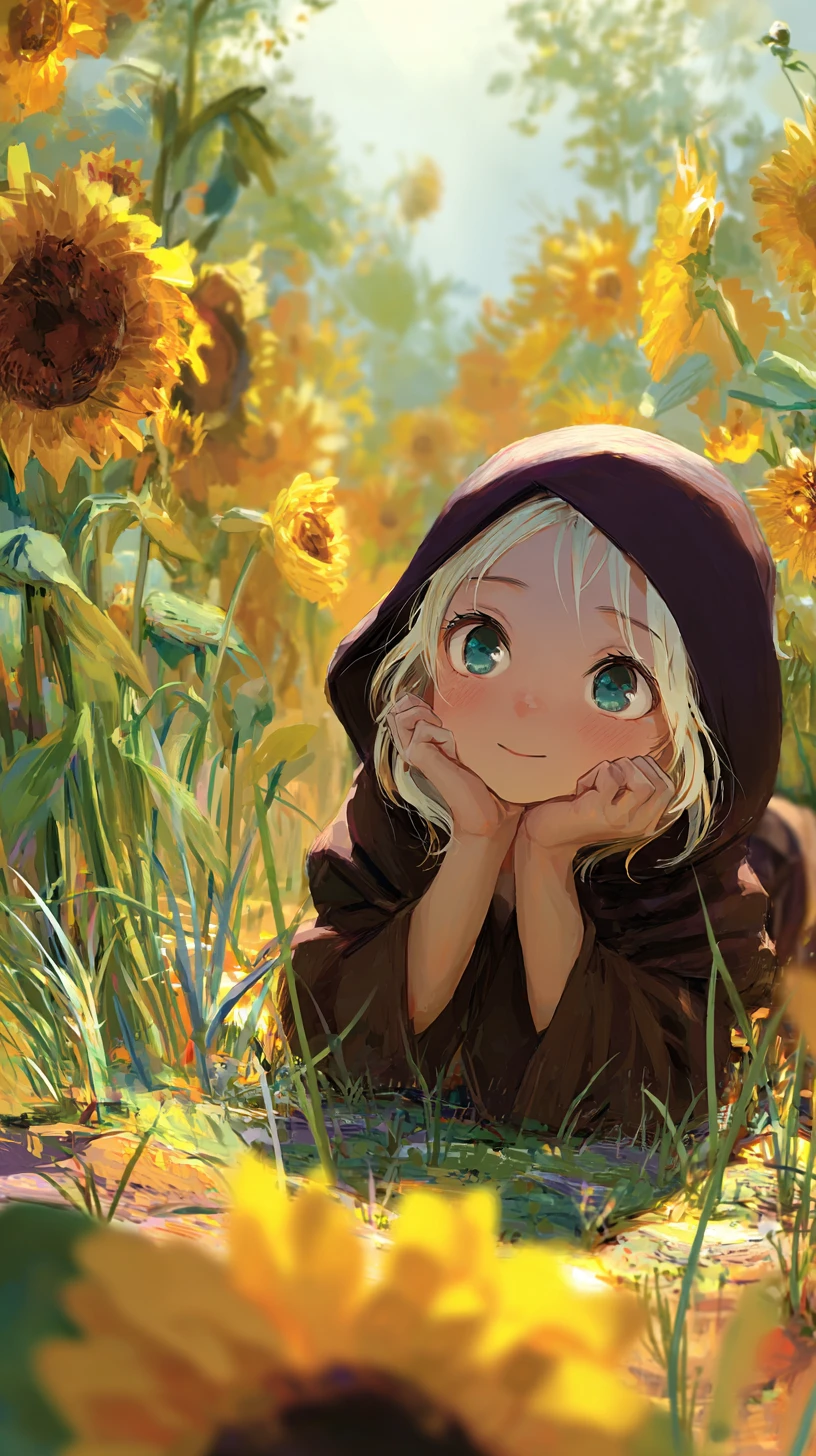 Joven descansando en un campo de girasoles resplandeciente