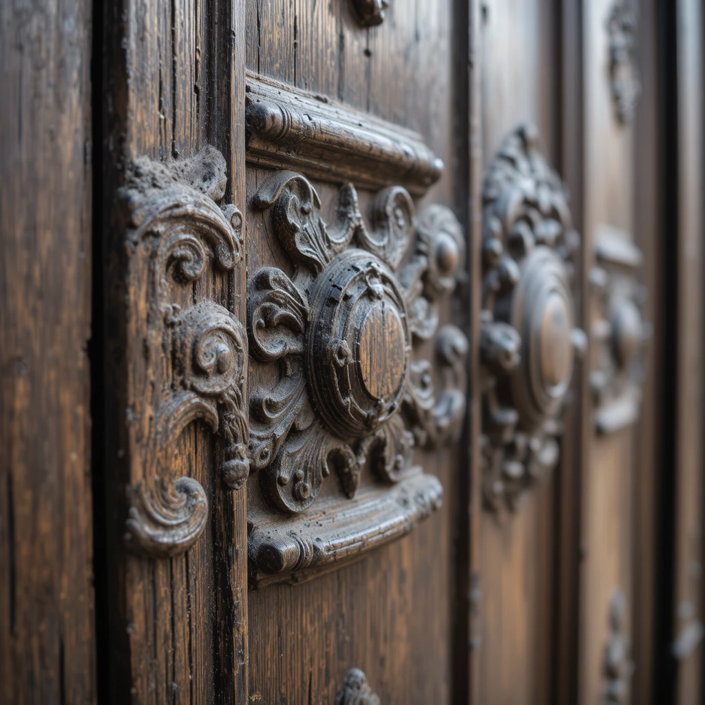 Macro close up of antique carved wooden door texture
