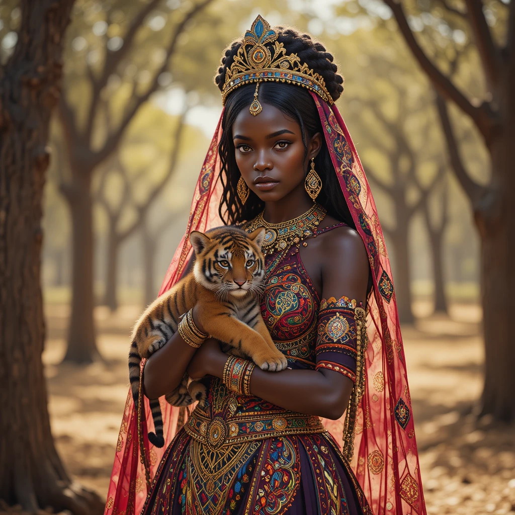 African woman in ornate dress holding a baby tiger