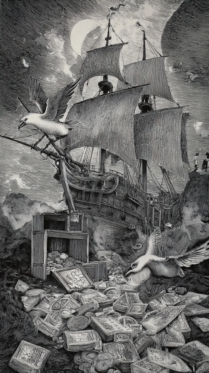 Surreal bird perched near a birdhouse on a sunken ship