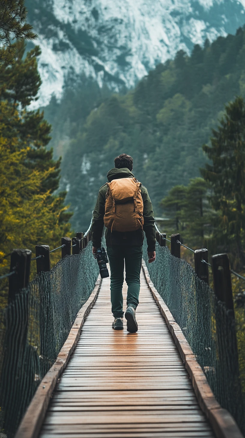 Traveler crossing a wooden bridge in the mountains