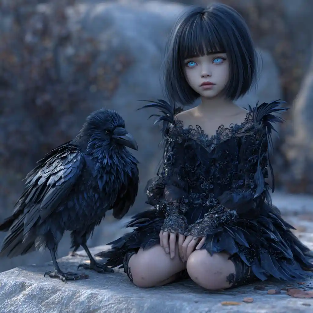 Dark winged girl with raven in mystical rocky landscape