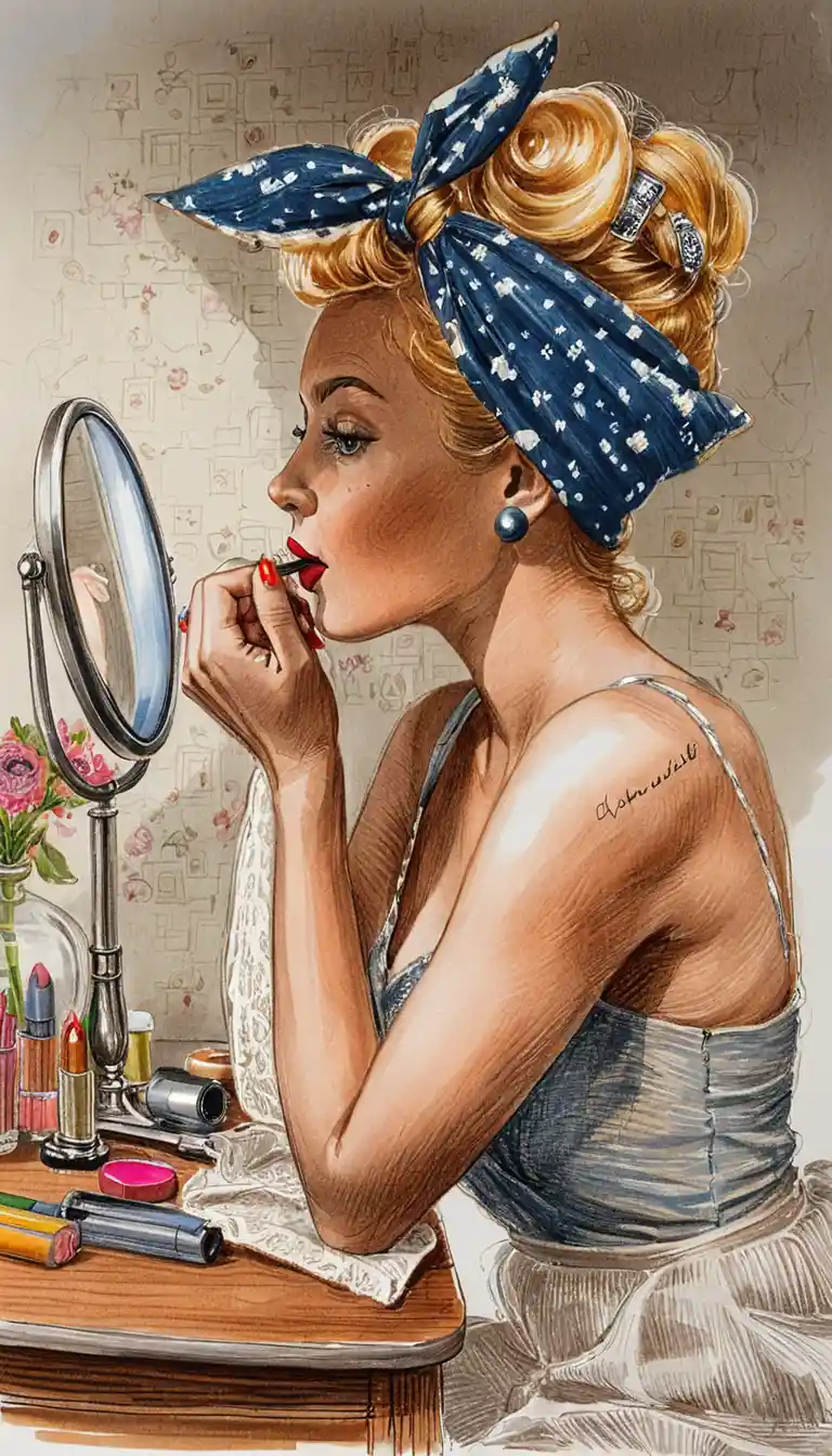 Blonde woman applying lipstick at a vintage vanity table