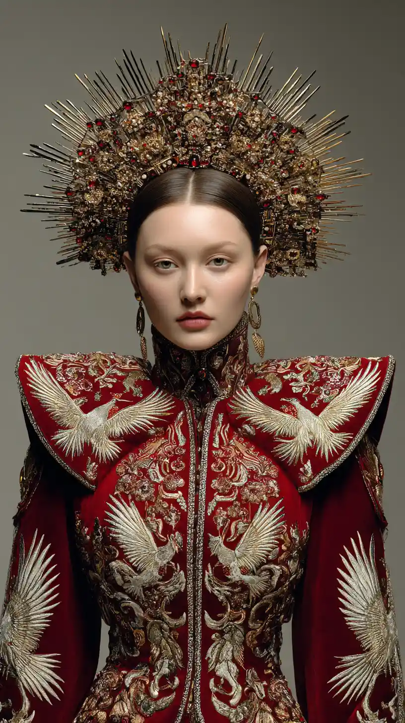 Regal woman in crimson embroidered gown with ornate headdress