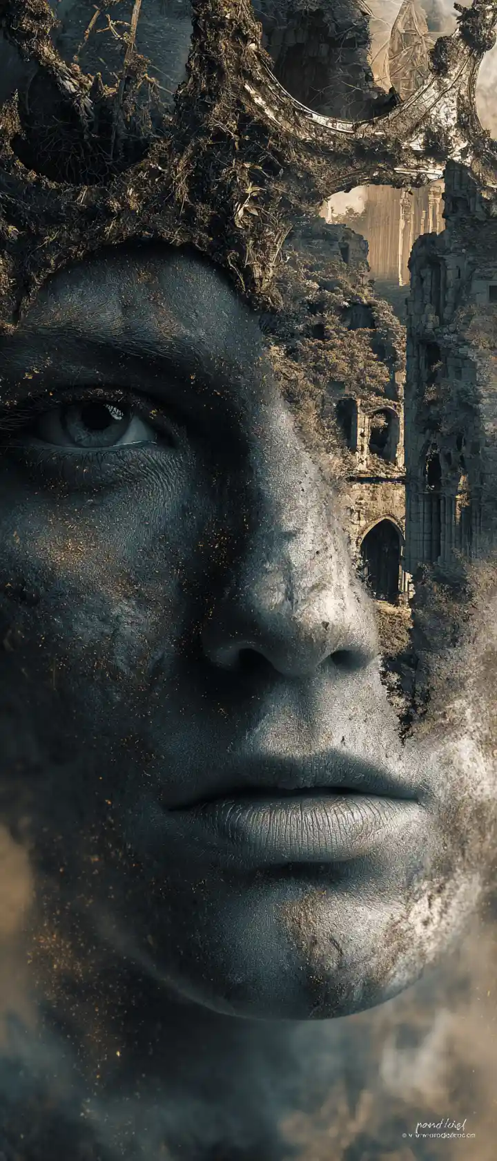 Ritratto in doppia esposizione di regina oscura con rovine di pietra in rovina