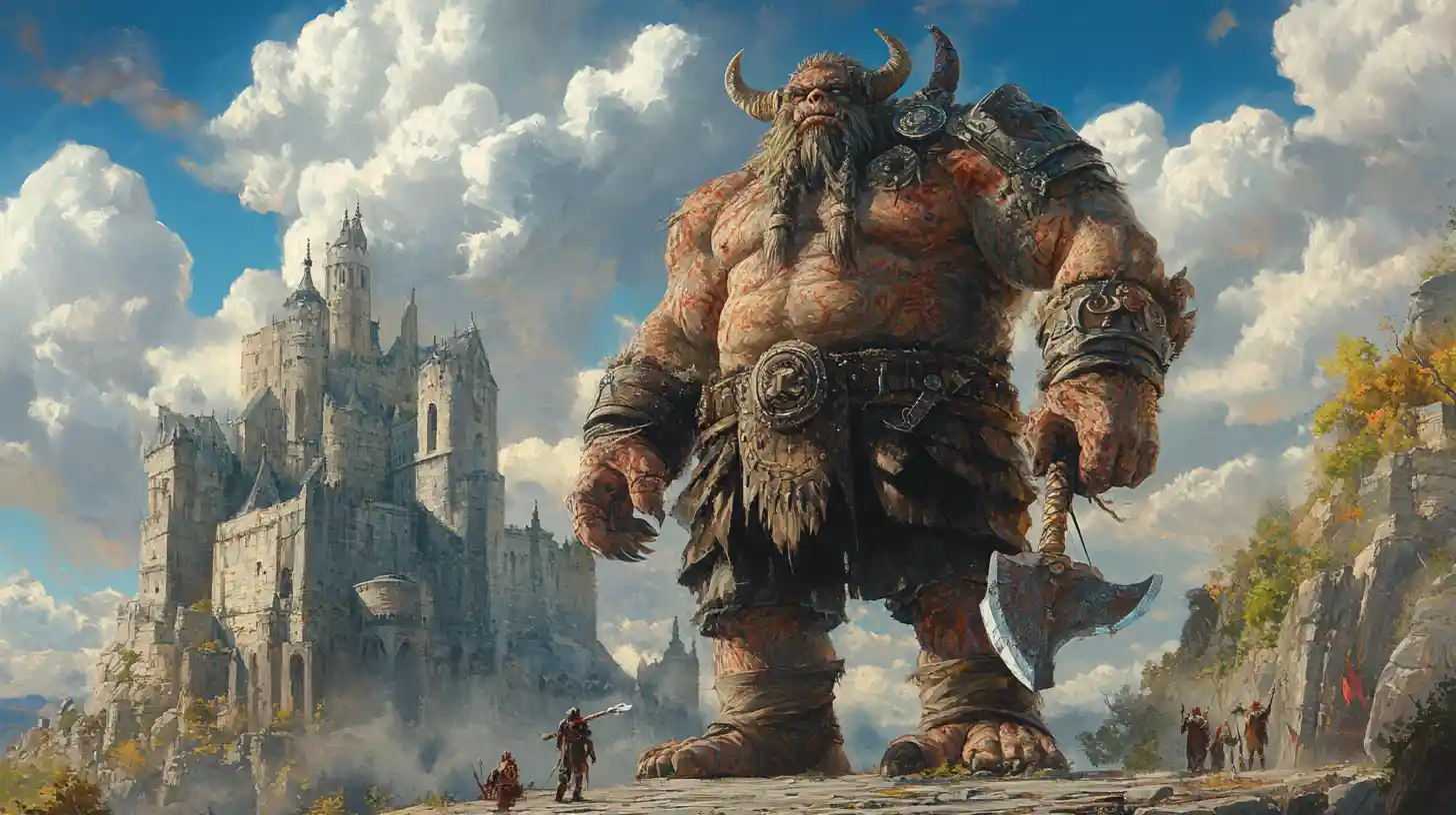 Regal Troll King With Axe Before A Fantasy Stone Castle
