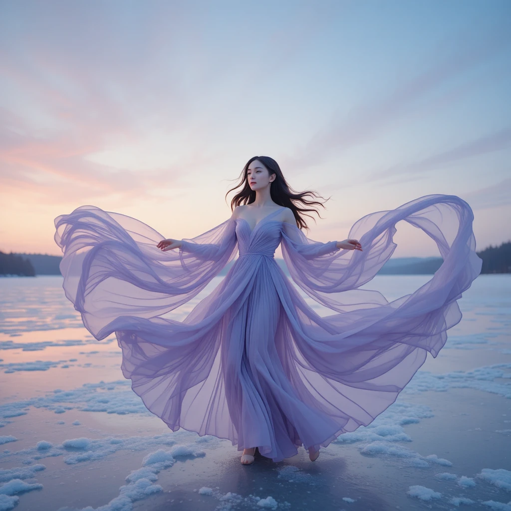 Korean freshman in lavender chiffon by a frozen twilight lake