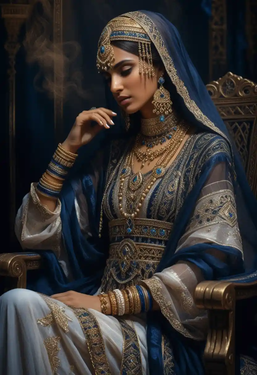 Elegant Arab woman in ornate chair with ceremonial veil