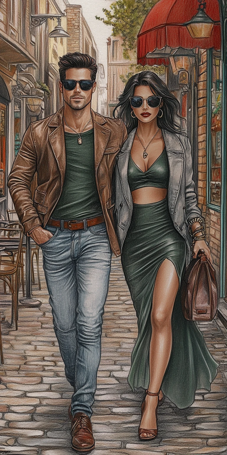 Stylish couple walking on a European cobblestone street