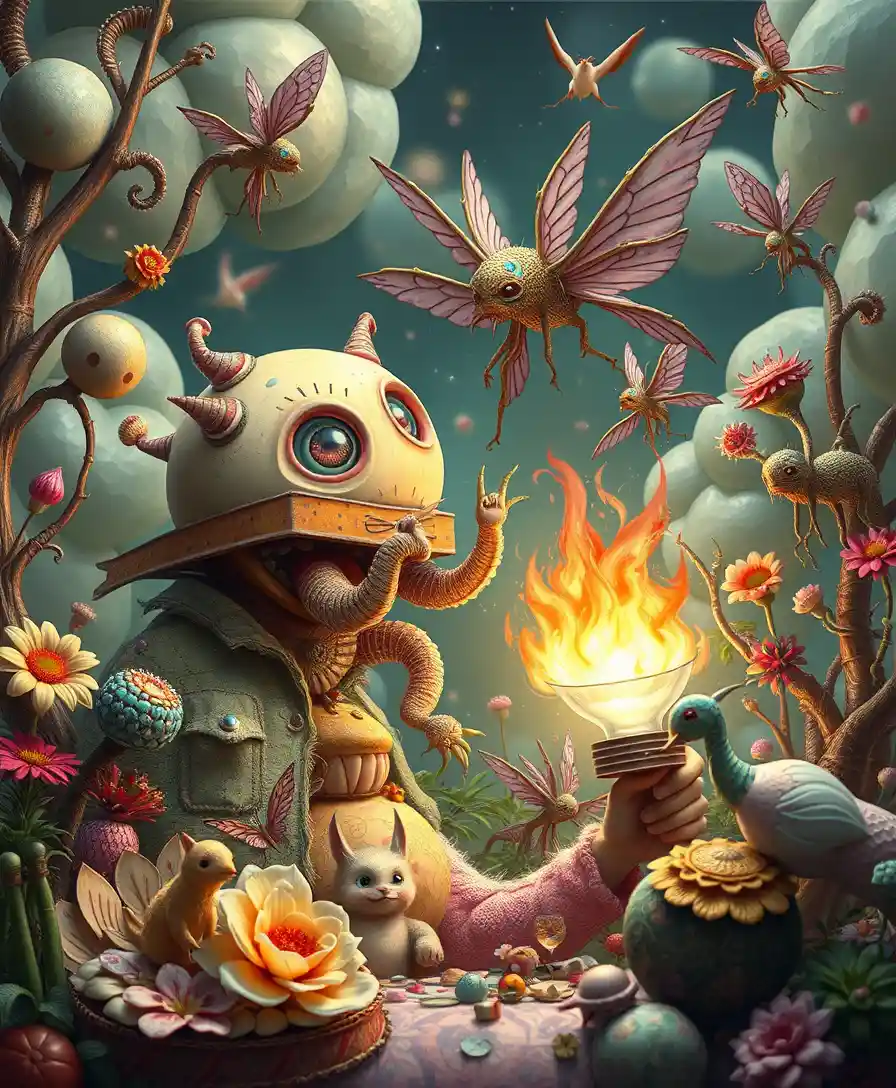 Scena fantasy pop-surrealista giocosa di guarigione e volo