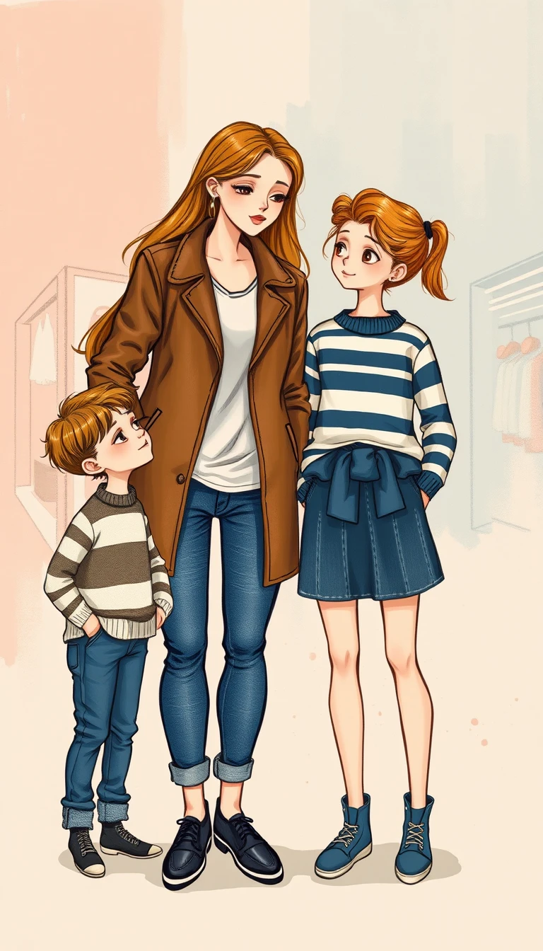 Tall girl and small boy friends on a colorful city street