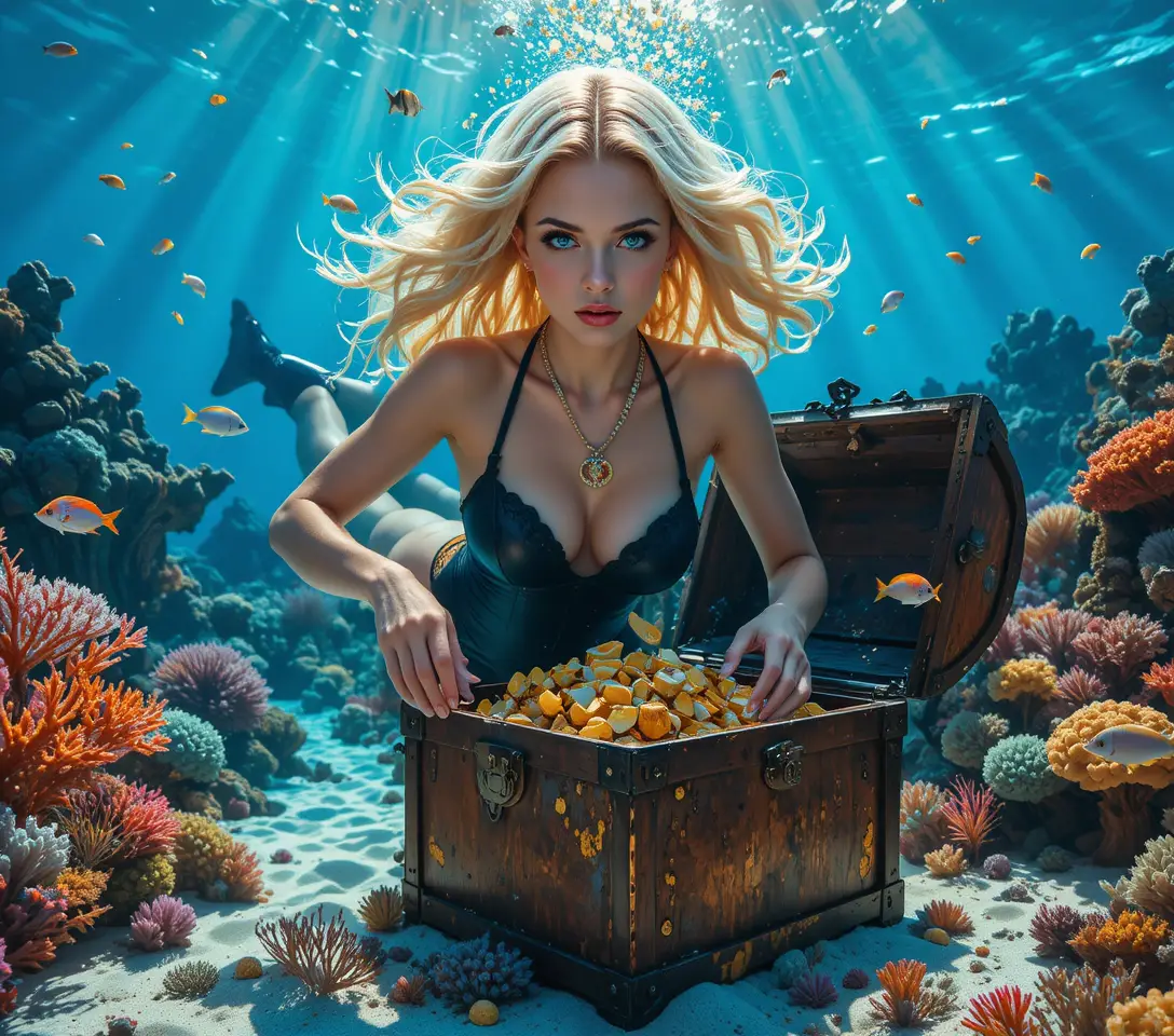 Blonde diver reaching for treasure in a sunlit shipwreck