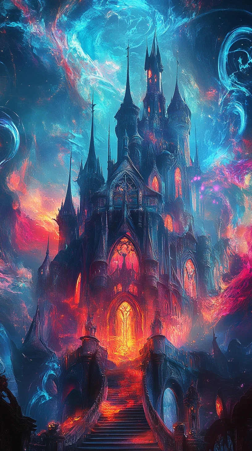 Gothic castle amid swirling colorful smoke and light