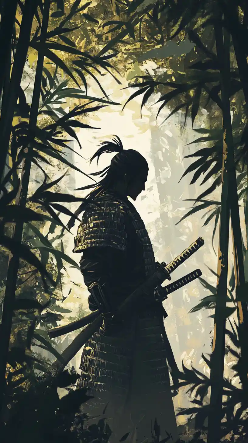 Samurai warrior hidden in a tranquil bamboo forest
