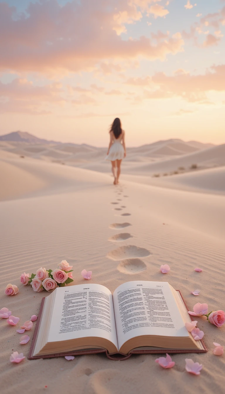 Woman Walking In Dreamy Desert At Sunset With Open Book