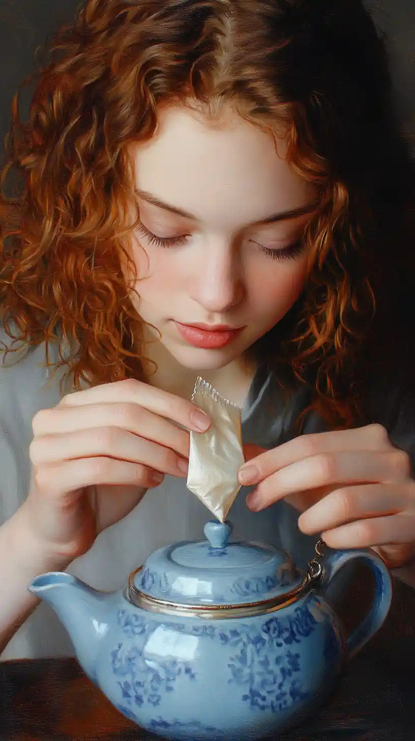 Young woman making tea in a serene close up portrait