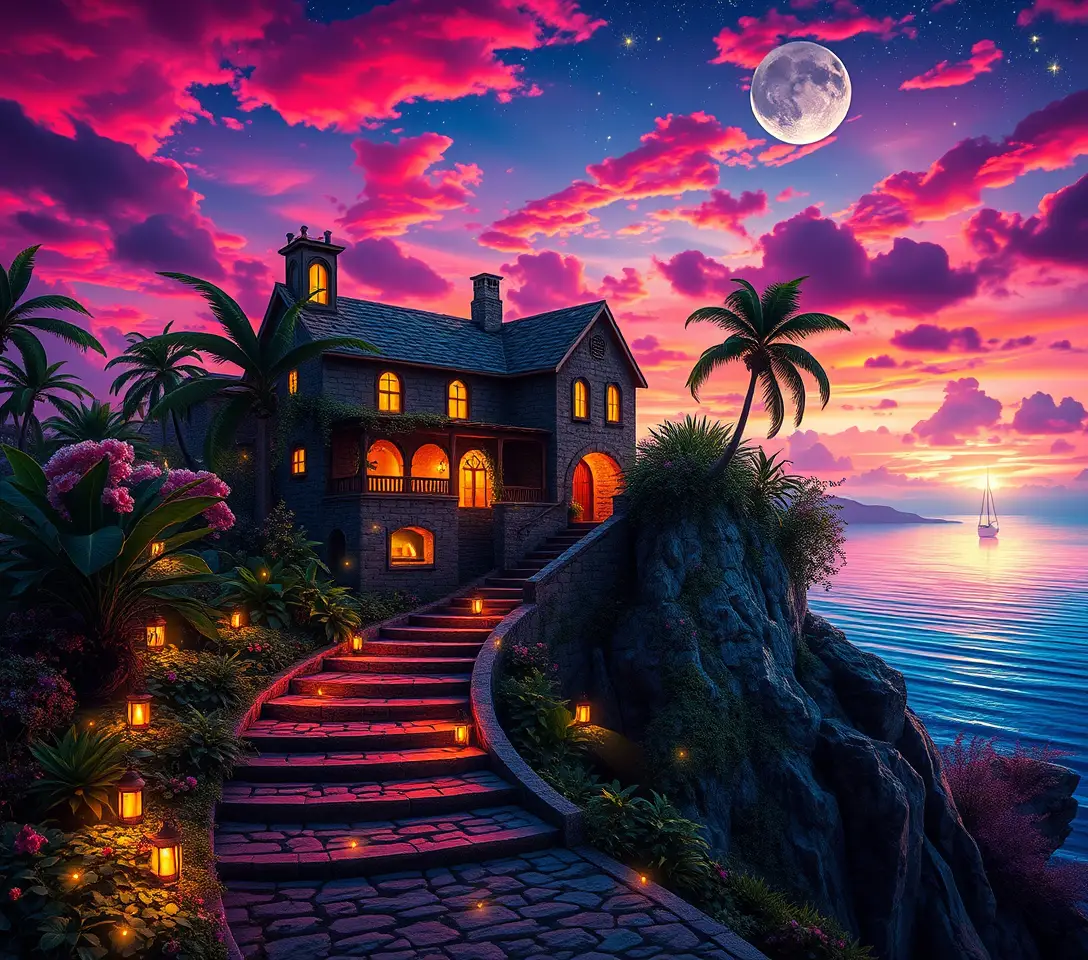Enchanted Stone House Above A Lantern Lit Cobblestone Hill
