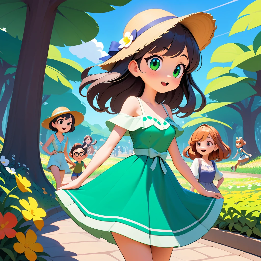 Anime girl reading on a park bench under cherry trees