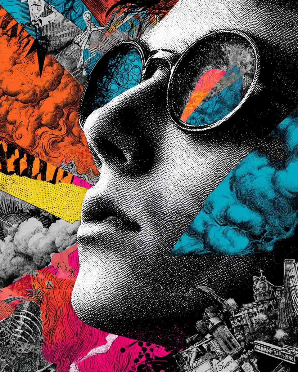 Abstract graphic collage inspired by playful photo bomb concept