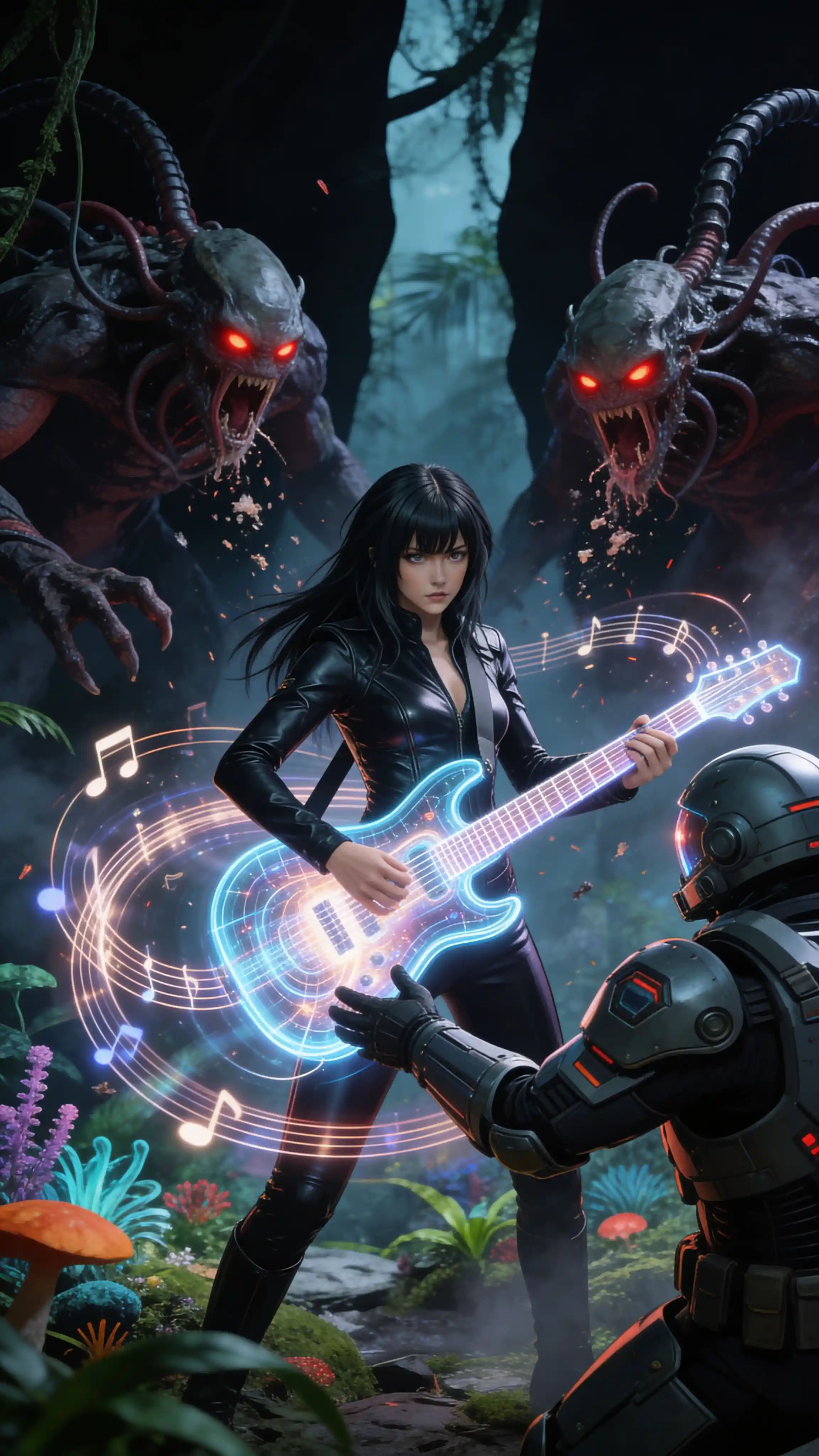 Female rockstar wielding holographic guitar in sci fi battle