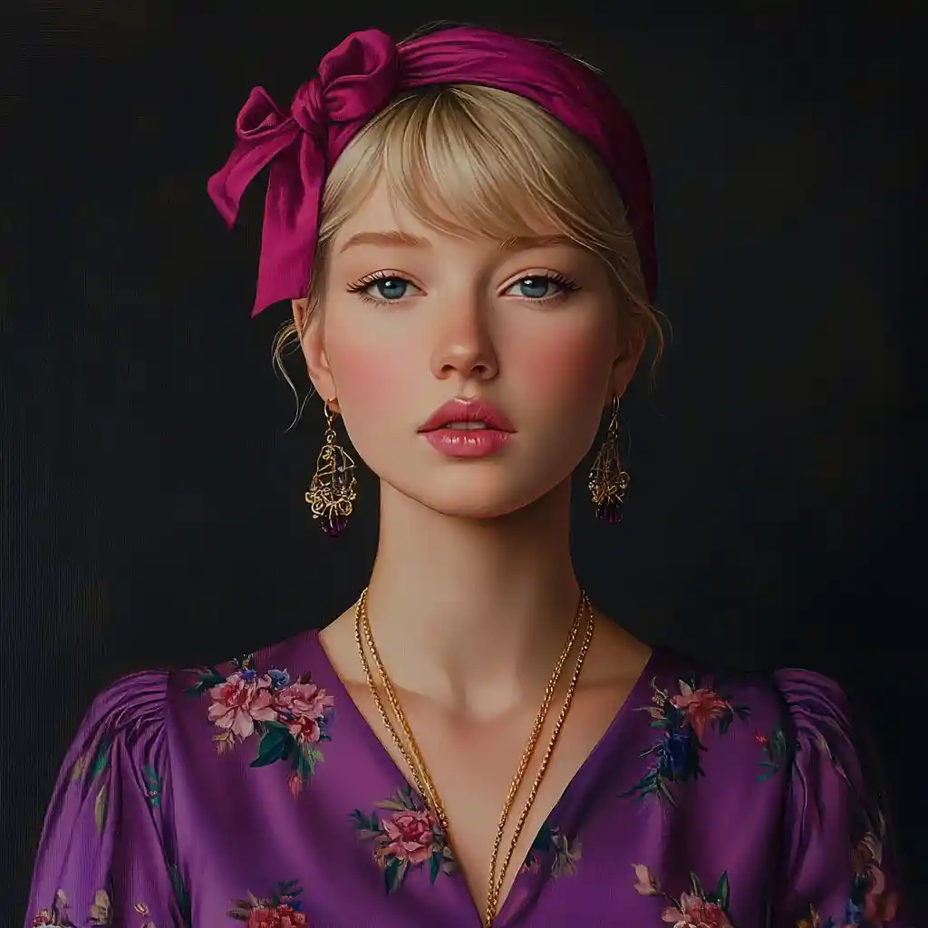 Blonde girl portrait with fuchsia headband and floral blouse
