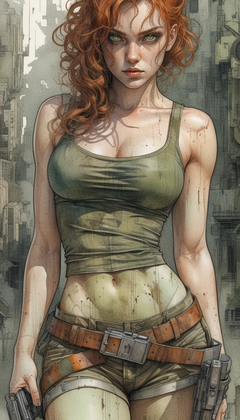 Battle hardened woman with pistols in ruined city streets